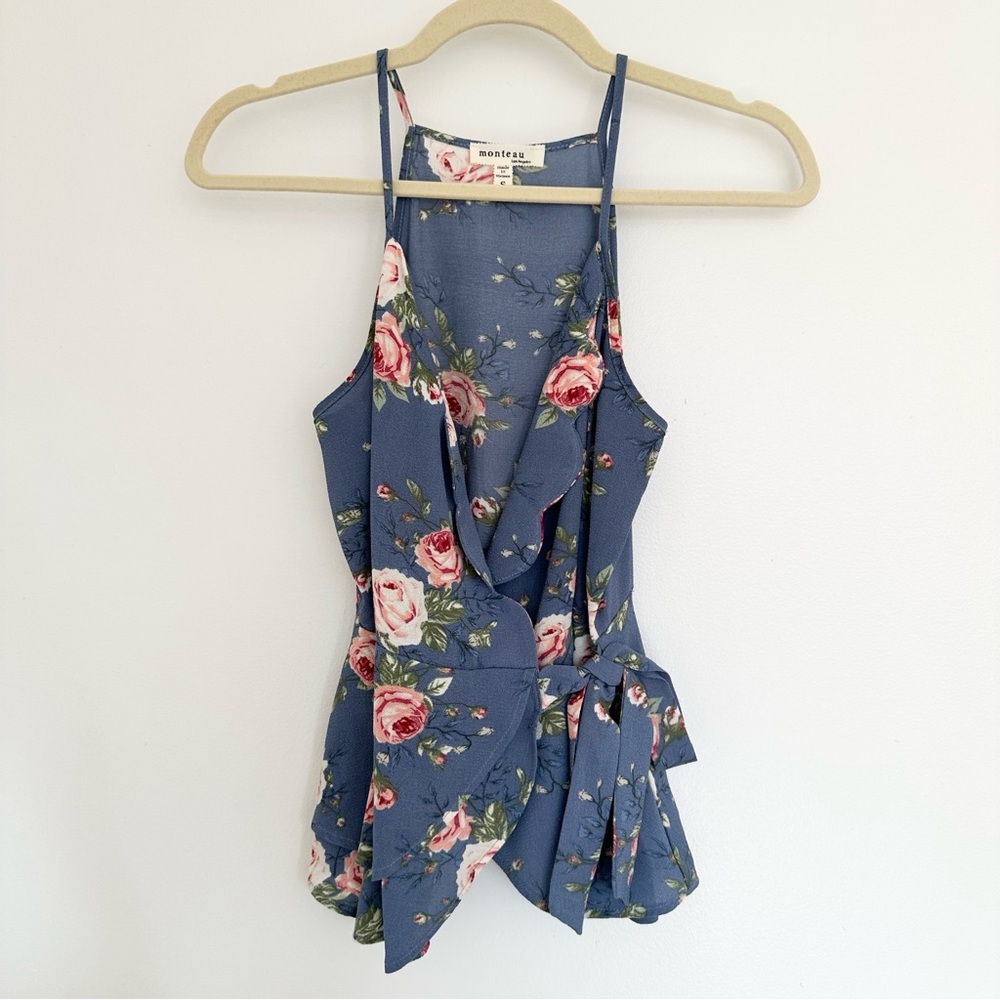 Monteau Blue Floral Ruffle Tie-Back Tank Top Romantic Summer Blouse